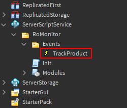 TrackProduct event is inside of game.ServerScriptService.RoMonitor.Events